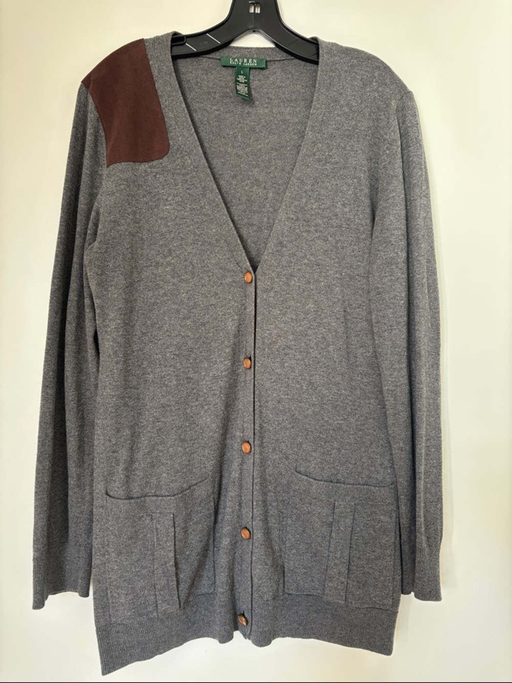 Ralph Lauren Gray Cardigan with Brown Shoulder Patch